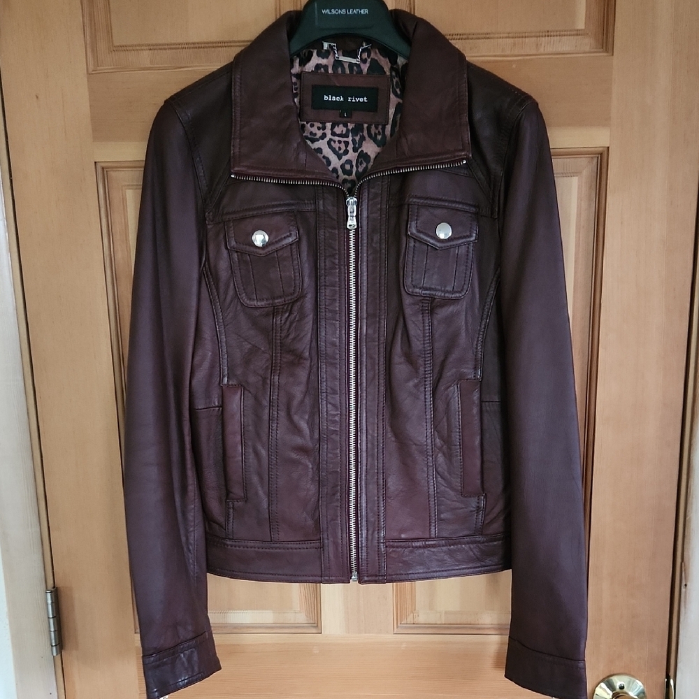 Black Rivet Reddish Brown Leather Zip-Up Jacket with Leopard Lining